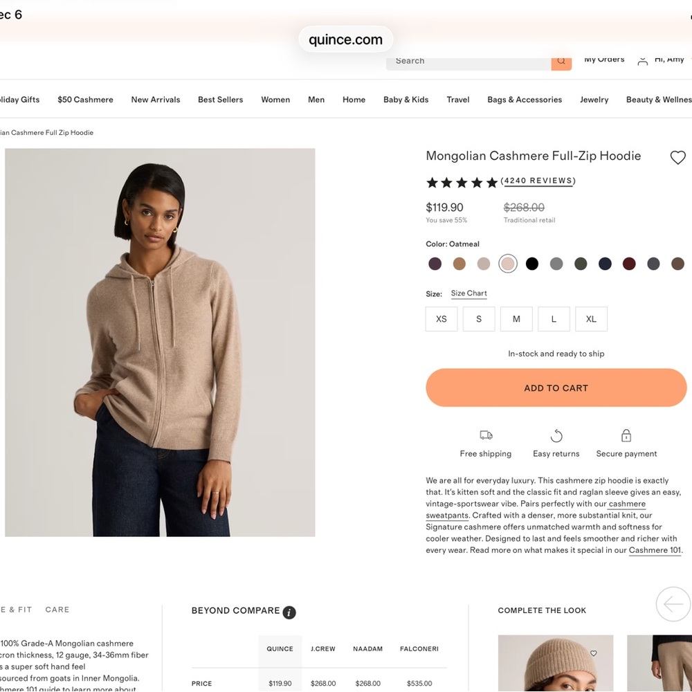 Quince Cashmere Hoodie in Light Tan